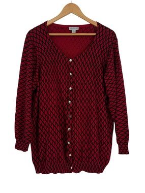 Catherines Knit Sweater Cardigan Red Black Size 1X Snap Front Vneck Long sleeve
